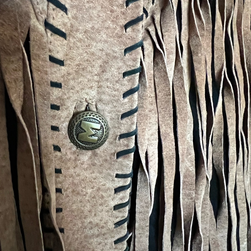 Bob Mackie Tan and Black Leather Jacket with Fringe - Picture 3 of 5